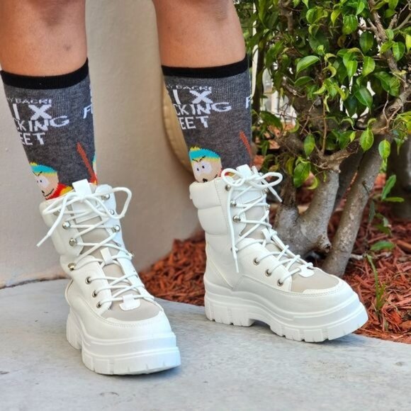 Women's White Chunky Block High Heel Ankle Combat Booties - Picture 1 of 7